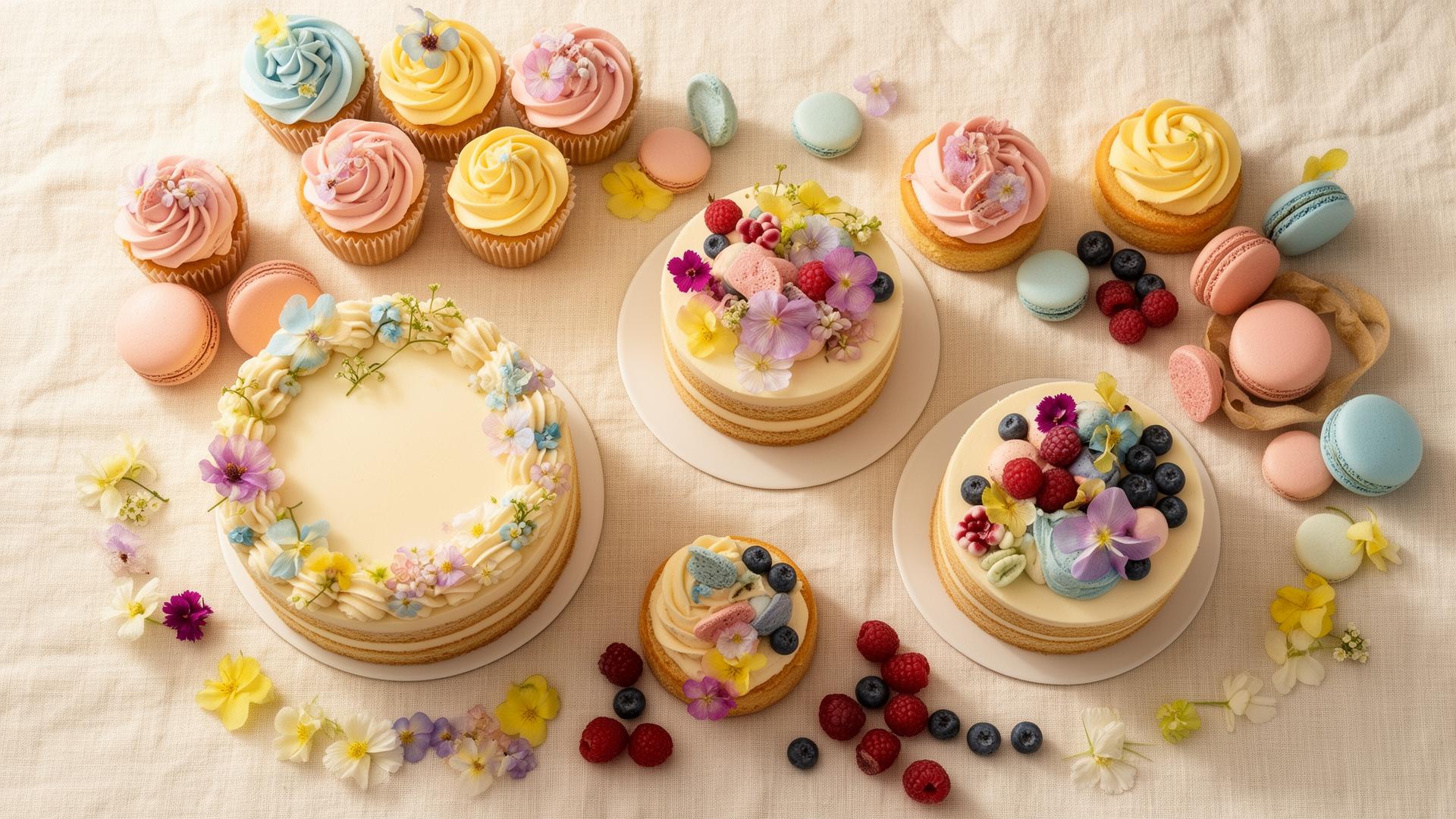 Assortment of pastel homemade cakes, cupcakes, and macarons